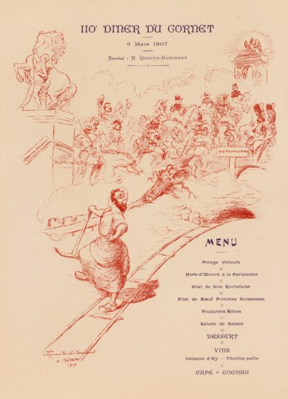 110e dîner du Gornet 6 Mars 1907 Président M. Quentin-Bauchart Menu A mon ami Quentin Bauchart by Adolphe Léon Willette