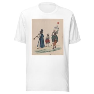 Two musicians and a man carrying on his head a rooster in cage by Francisco Fierro T-Shirt