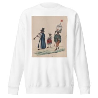 Two musicians and a man carrying on his head a rooster in cage by Francisco Fierro Sweatshirt