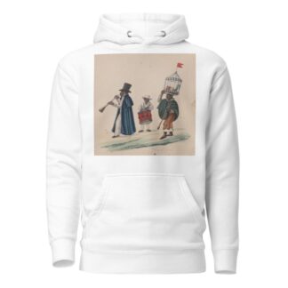Two musicians and a man carrying on his head a rooster in cage by Francisco Fierro Hoodie