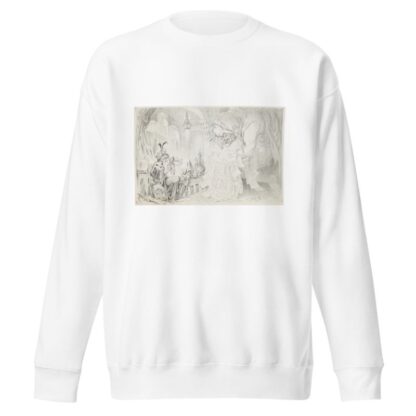 Aladdin-like figure wearing hat of ‘Vested Interests’ lounges on an ottoman. by Udo Keppler Sweatshirt