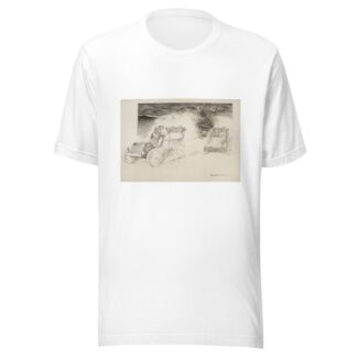 Two cars full of people drive down a road, oblivious of the dead bodies in the road behind them and the skeleton by William Henry Walker T-Shirt