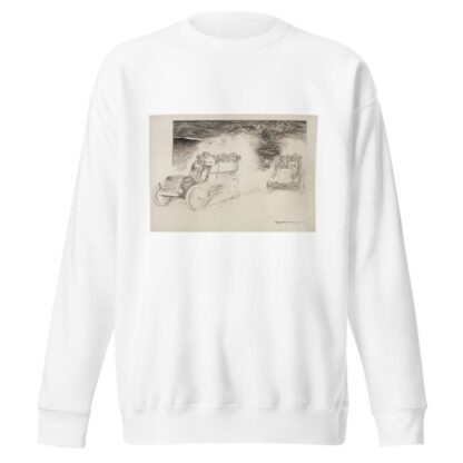 Two cars full of people drive down a road, oblivious of the dead bodies in the road behind them and the skeleton by William Henry Walker Sweatshirt