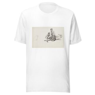 A young man and woman slide off a log they were sitting on as one end of the log rises up. A dog watches them. by Harold Imbrie T-Shirt