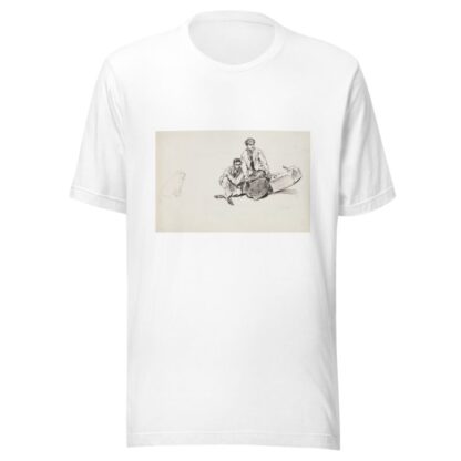 A young man and woman slide off a log they were sitting on as one end of the log rises up. A dog watches them. by Harold Imbrie T-Shirt