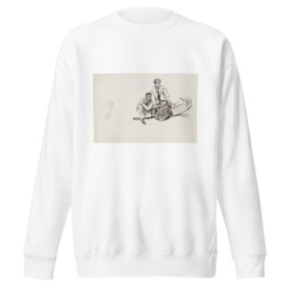 A young man and woman slide off a log they were sitting on as one end of the log rises up. A dog watches them. by Harold Imbrie Sweatshirt