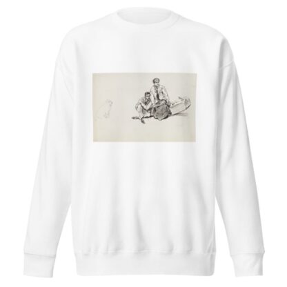 A young man and woman slide off a log they were sitting on as one end of the log rises up. A dog watches them. by Harold Imbrie Sweatshirt