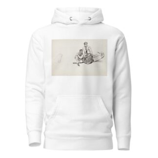 A young man and woman slide off a log they were sitting on as one end of the log rises up. A dog watches them. by Harold Imbrie Hoodie