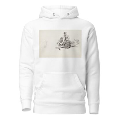 A young man and woman slide off a log they were sitting on as one end of the log rises up. A dog watches them. by Harold Imbrie Hoodie