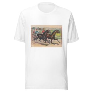 Three horses with jockeys running a harness race by Calvert Litho. Co T-Shirt