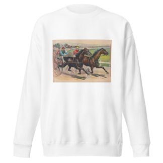 Three horses with jockeys running a harness race by Calvert Litho. Co Sweatshirt