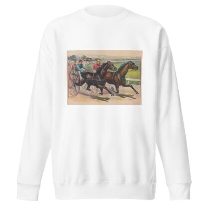 Three horses with jockeys running a harness race by Calvert Litho. Co Sweatshirt