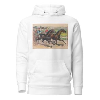 Three horses with jockeys running a harness race by Calvert Litho. Co Hoodie