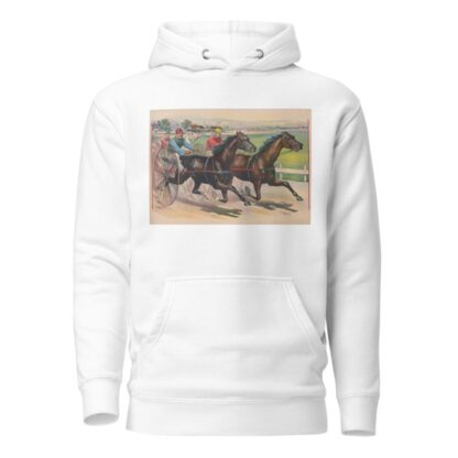 Three horses with jockeys running a harness race by Calvert Litho. Co Hoodie