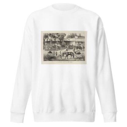 A ‘stopping place’ on the road; the horse shed by Currier & Ives. Sweatshirt