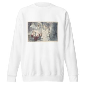 Aladdin-like figure wearing hat of ‘Vested Interests’ lounges on an ottoman by Udo Keppler Sweatshirt