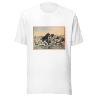Cows and sheep in a pasture, with six cows looking out at the viewer by Calvert Litho. Co T-Shirt
