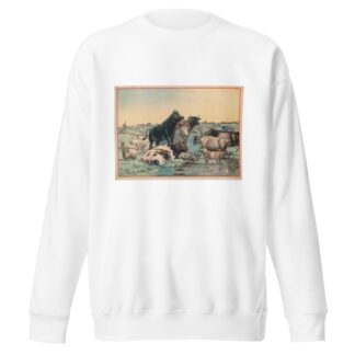 Cows and sheep in a pasture, with six cows looking out at the viewer by Calvert Litho. Co Sweatshirt