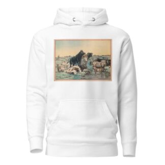 Cows and sheep in a pasture, with six cows looking out at the viewer by Calvert Litho. Co Hoodie