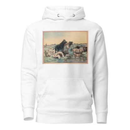 Cows and sheep in a pasture, with six cows looking out at the viewer by Calvert Litho. Co Hoodie