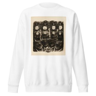 Gould, Harriman, Vanderbilt, and Hill, depicted as trains, about to run over a small man representing the people. by William Henry Walker Sweatshirt