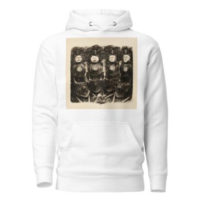 Gould, Harriman, Vanderbilt, and Hill, depicted as trains, about to run over a small man representing the people. by William Henry Walker Hoodie