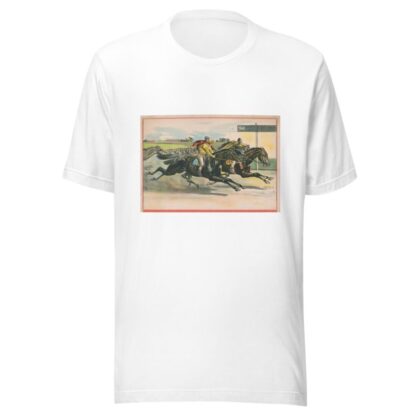 Horses and crossing finish line in a close race by Calvert Litho. Co T-Shirt