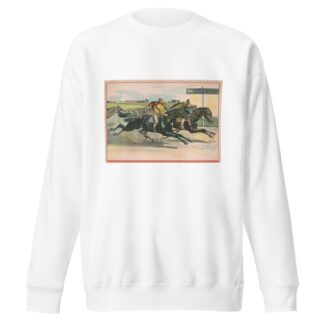 Horses and crossing finish line in a close race by Calvert Litho. Co Sweatshirt