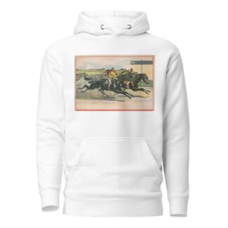 Horses and crossing finish line in a close race by Calvert Litho. Co Hoodie