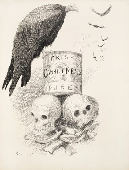 A can of ‘Fresh Canned Meats’ sits on top of human bones. Vultures circle the can, and one sits on it. by Homer Davenport