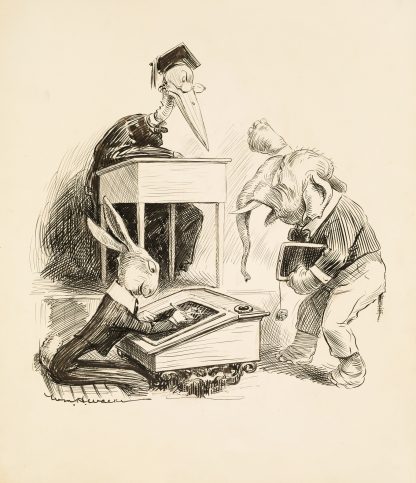 A classroom. The teacher, a stork, is angry at one of his students, an elephant by William Henry Walker