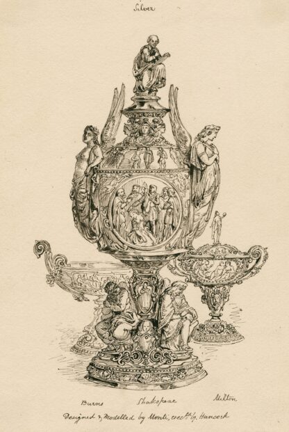 A design for a silver urn, Shakespeare at the top, Burns on the right side and Milton on the left by Robert Hancock