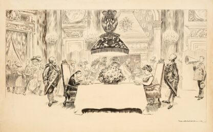 A fancy dinner party where only two guests are seated, eating. The rest stand and watch them. by William Henry Walker