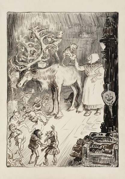 A group of elves hang Christmas decorations on the antlers of a reindeer, aided by a laughing woman by William Henry Walker