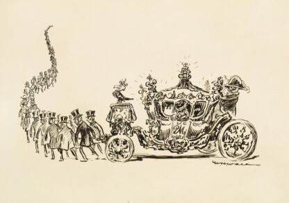 A long line of men in suits and top hats pull an ornate carriage by William Henry Walker