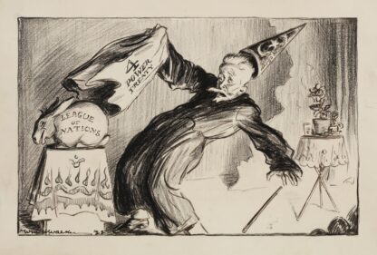 A magician pulls away a cloth representing the 4 Power Treaty and reveals a rabbit representing the League of Nations by William Henry Walker
