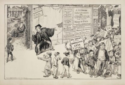 A man advertises a college education in one year, where students learn how to get rich, and has attracted a crowd of interested boys by William Henry Walker