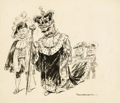A man in a crown and robes, both decorated with dollar signs, and a scepter with the American eagle on top by William Henry Walker