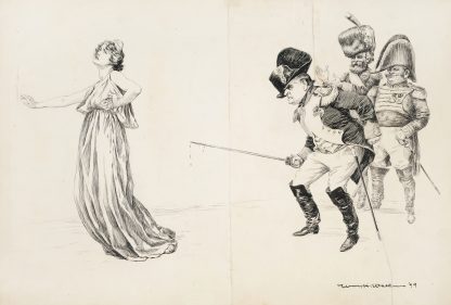A man in military uniform, cheered on by two others, stabs a woman representing the Civil Service with his sword. by William Henry Walker