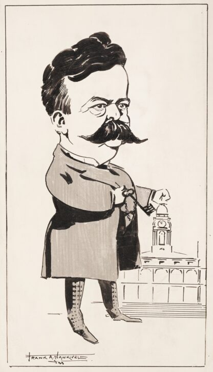 A man with a key in one hand and his fist on a capitol building. by Frank Arthur Nankivell