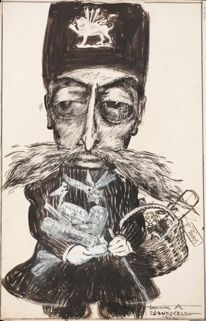 A man with a winged lion on his hat, a very large mustache, and an arm full of package from Paris. by Frank Arthur Nankivell