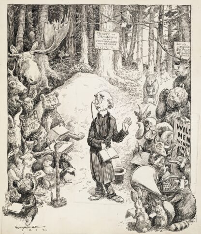 A minister preaches in the forrest to a group of animals, most of them taking notes by William Henry Walker