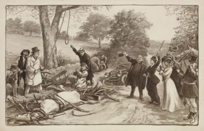 A motorist pleads for his life as a crowd prepares to lynch him for causing an accident with a horse and wagon, killing a woman. by William Henry Walker