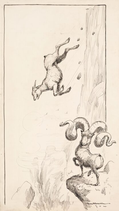 A ram with huge horns tips over because of the weight, while a ram with much smaller horns laughs. by William Henry Walker