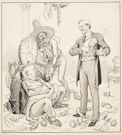 A smiling President Woodrow Wilson brushes himself off after a wedding party and addresses three tired figures by Louis Glackens