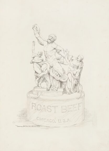 A statue of three men being attacked by snakes. The base of the statue reads ‘Roast Beef Chicago, U.S.A.’ by William Henry Walker