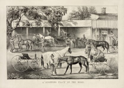 A ‘stopping place’ on the road; the horse shed by Currier & Ives.