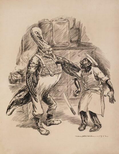 A turkey, dressed like a farmer, grabs a cook by the arm and makes him drop his butcher’s knife. by William Henry Walker