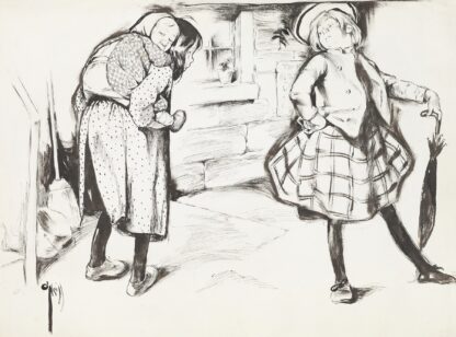 A wealthy girl turns up her nose at a poor girl, who is carrying a baby on her back. by Rose Cecil O'Neill
