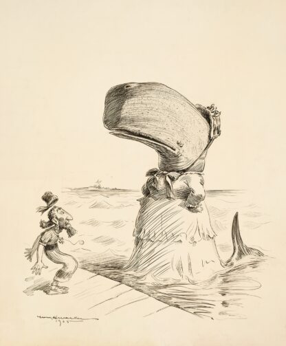 A whale, wearing a dress, confronts a surprised sailor on a dock. by William Henry Walker